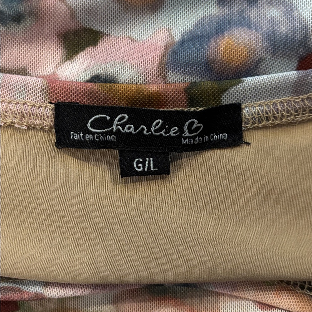 CHARLIE B Printed Ruched Mesh Top Size Large - Picture 3 of 6